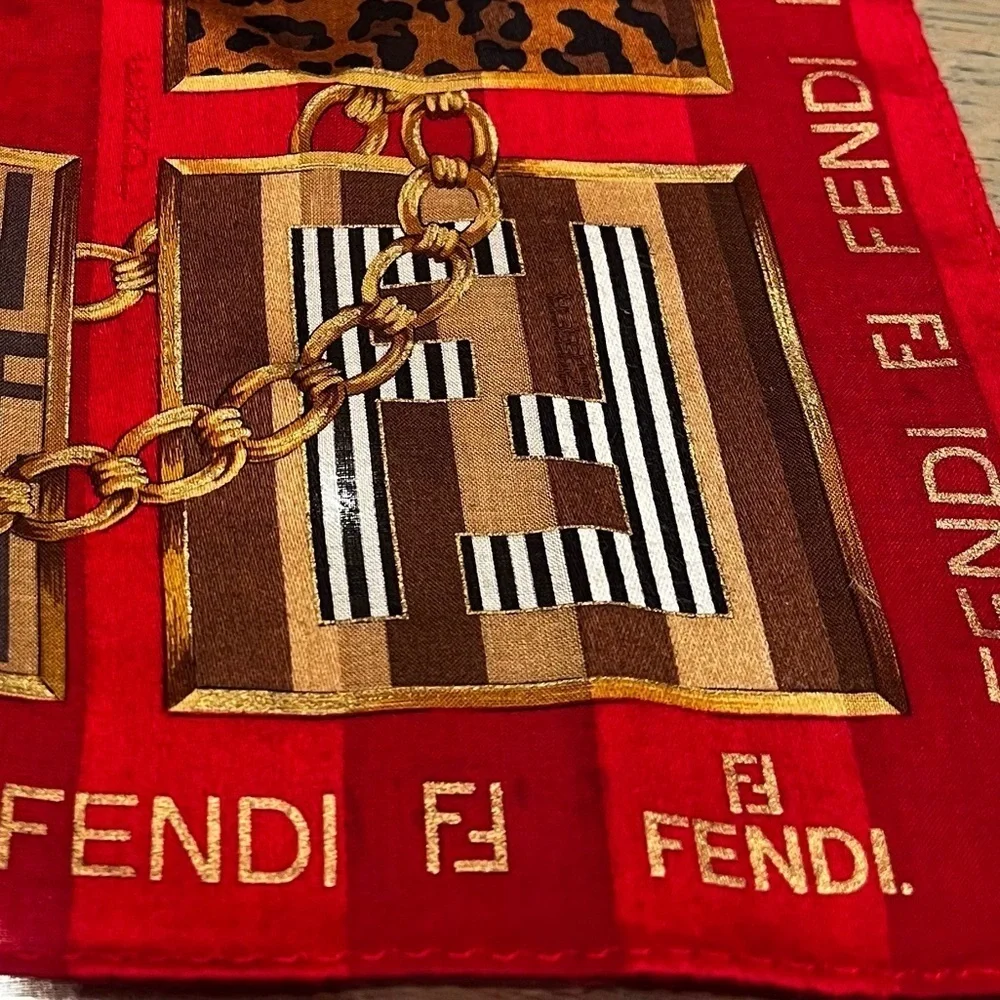 Vintage Fendi Red Silk Scarf – Chain & FF Logo Patch Print, 1980s-1990 EUC Italy